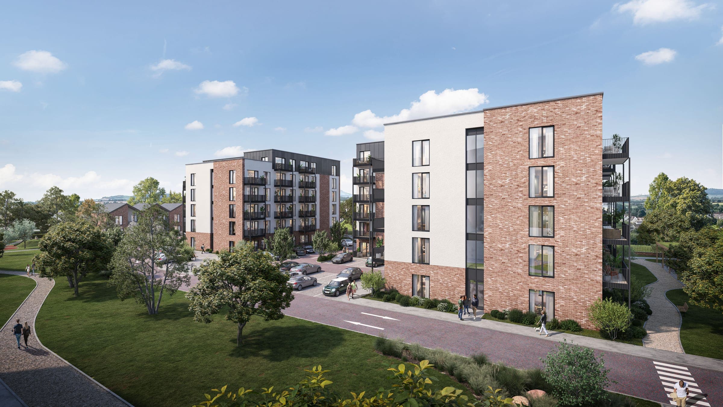 CGI of apartment blocks around a landscaped park at Emmet Gardens, Dundrum