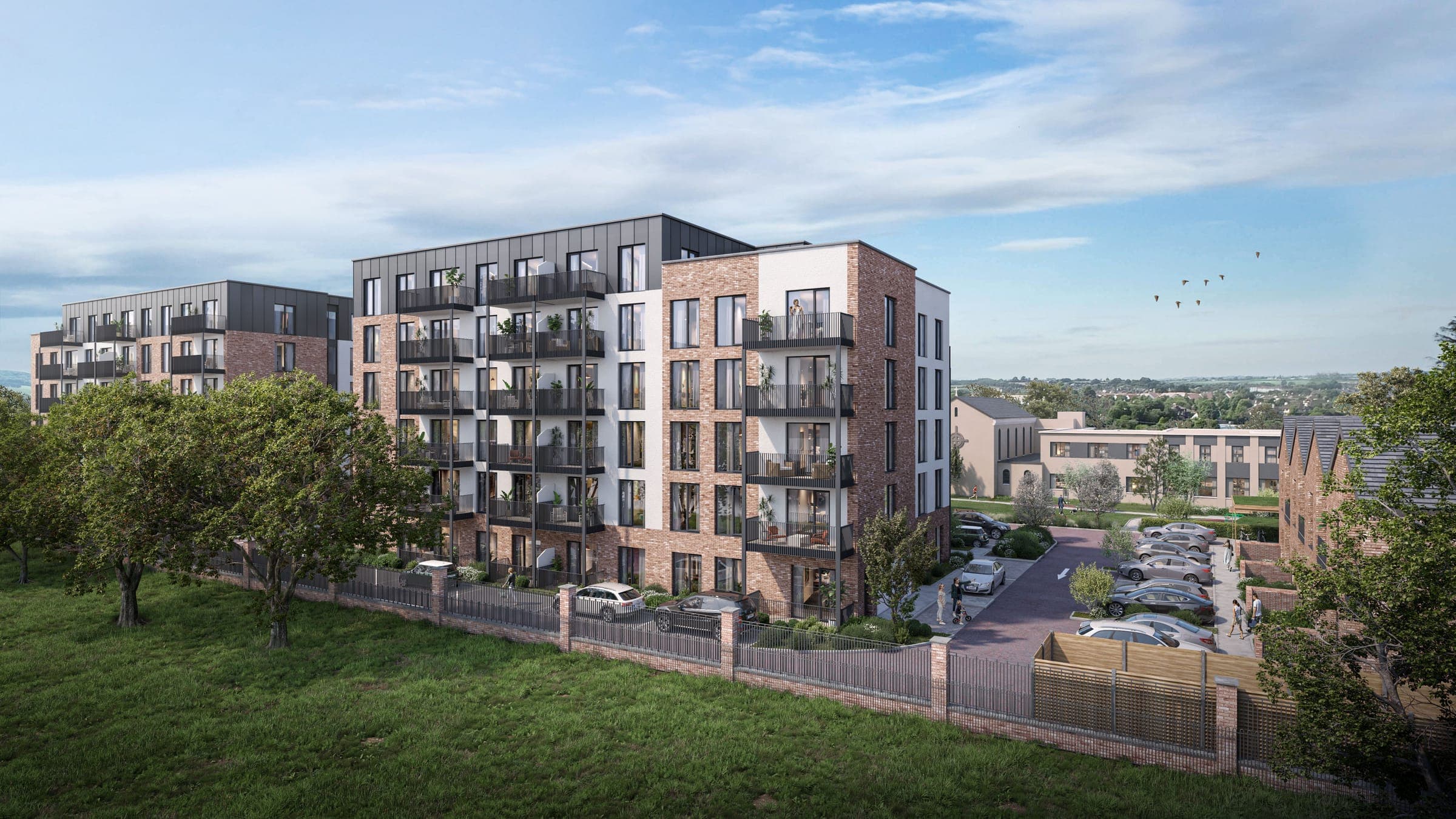 CGI of the residential blocks and public park at Emmet Gardens, Dundrum